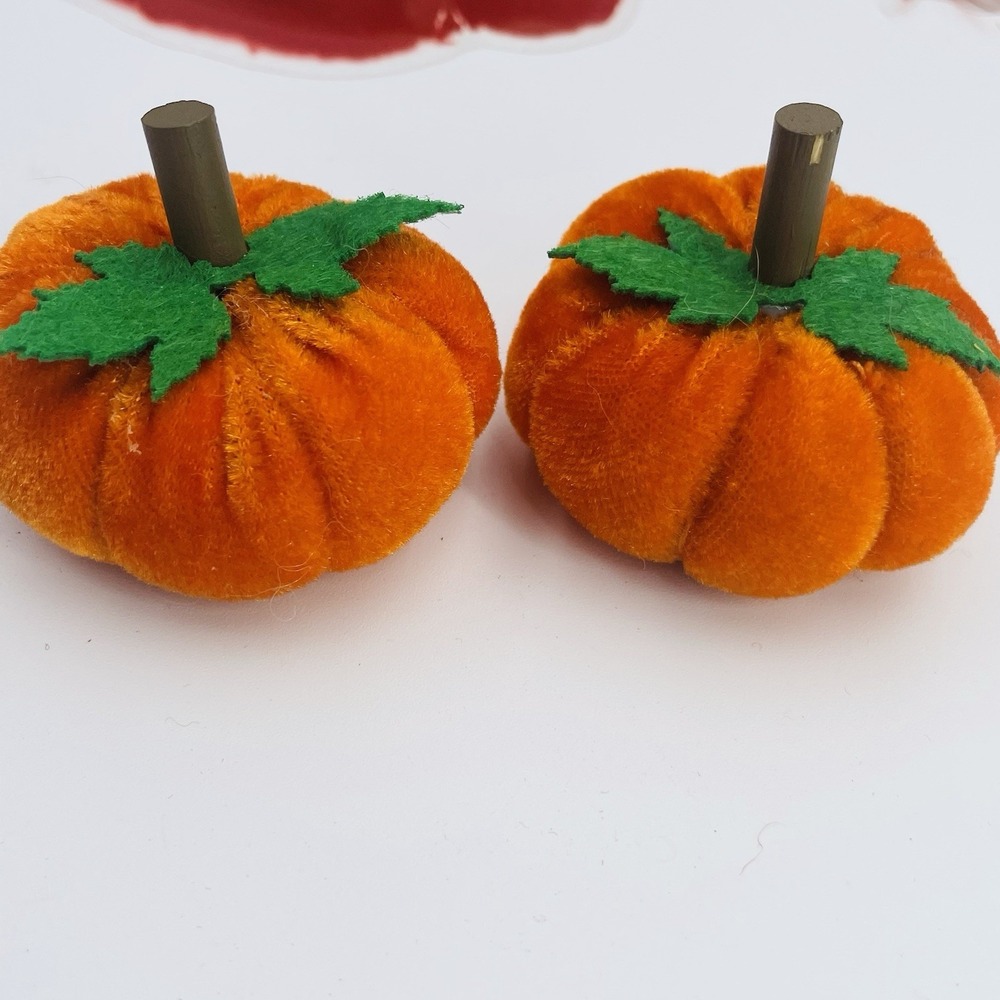 2 Mini Orange Velvet Pumpkins Fall Home Decor or Pin Cushions‎